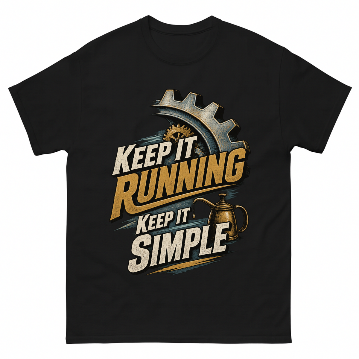 Black vintage t-shirt with Keep It Running. Keep It Simple printed front design
