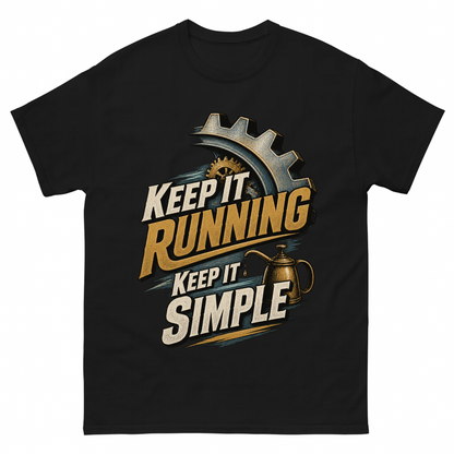 Black vintage t-shirt with Keep It Running. Keep It Simple printed front design