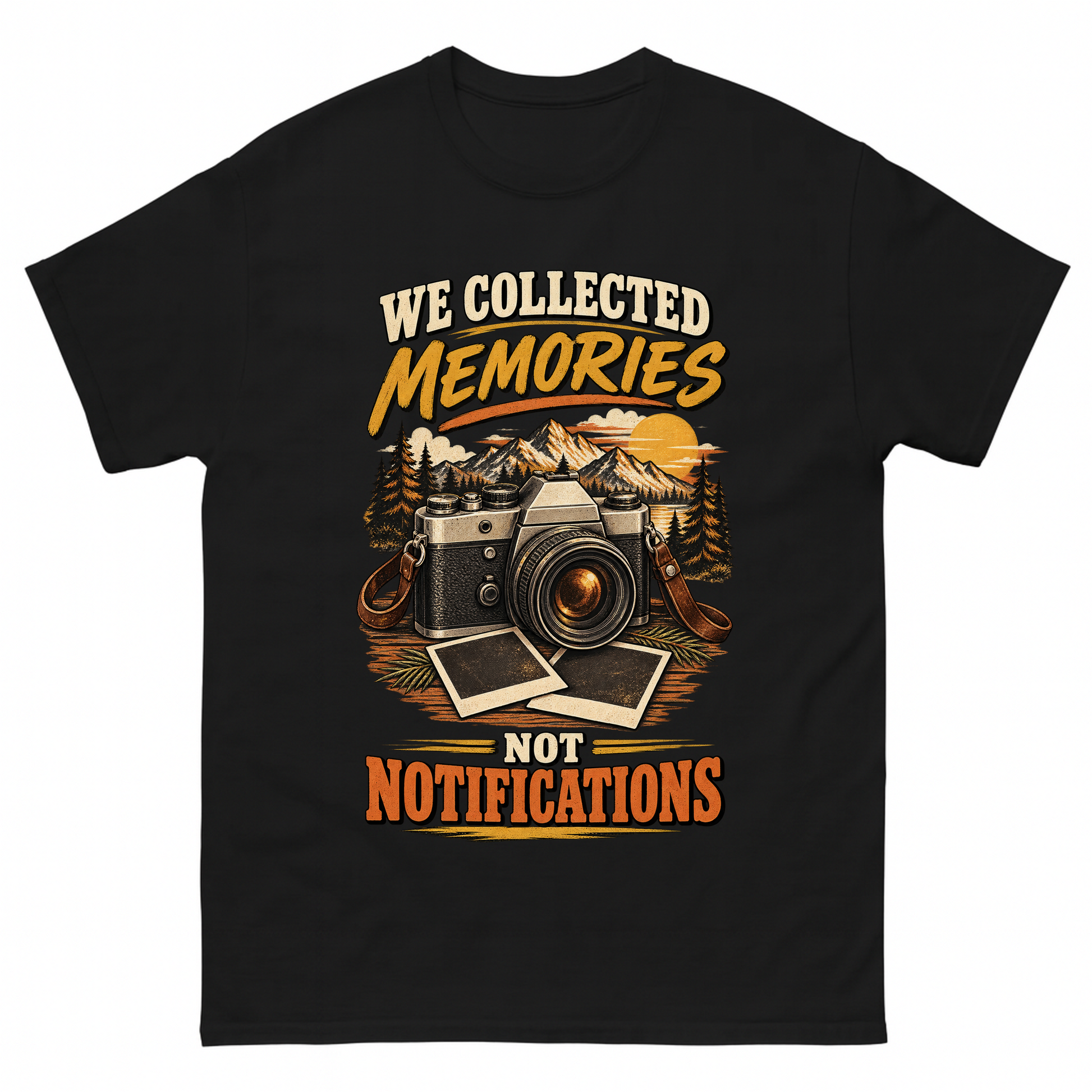 Black vintage t-shirt with We Collected Memories Not Notifications printed front design