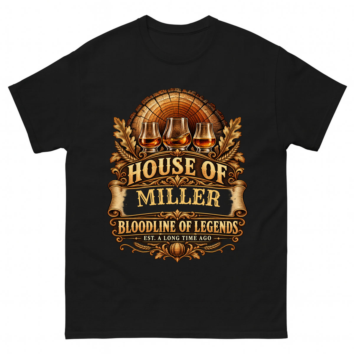 Black vintage t-shirt with House Of Your Family Name Bloodline Of Legends Oak Barrel printed front design