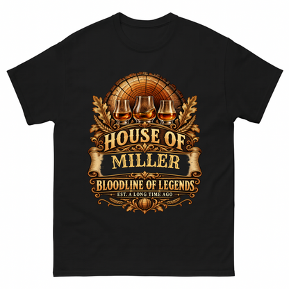 Black vintage t-shirt with House Of Your Family Name Bloodline Of Legends Oak Barrel printed front design