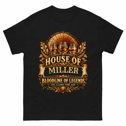 Black vintage t-shirt with House Of Your Family Name Bloodline Of Legends Oak Barrel printed front design