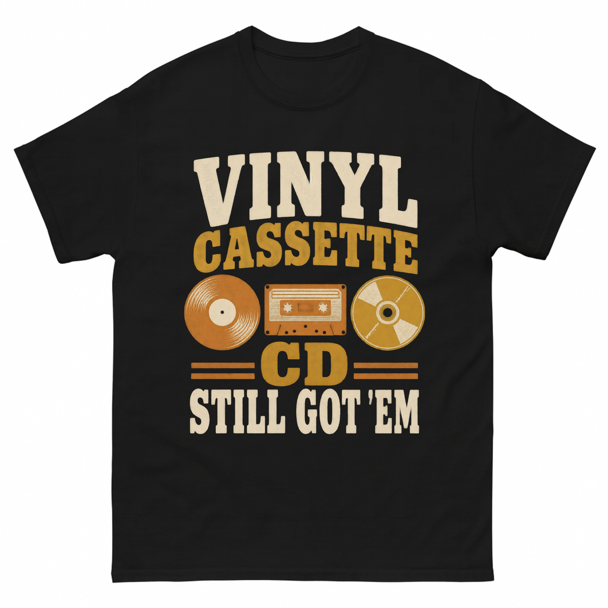 Black vintage t-shirt with Vinyl Cassette CD Still Got 'Em printed front design