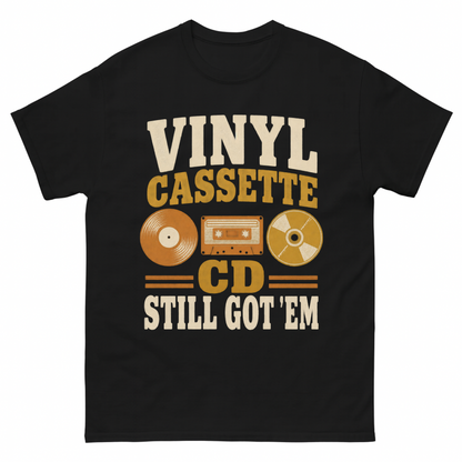 Black vintage t-shirt with Vinyl Cassette CD Still Got 'Em printed front design