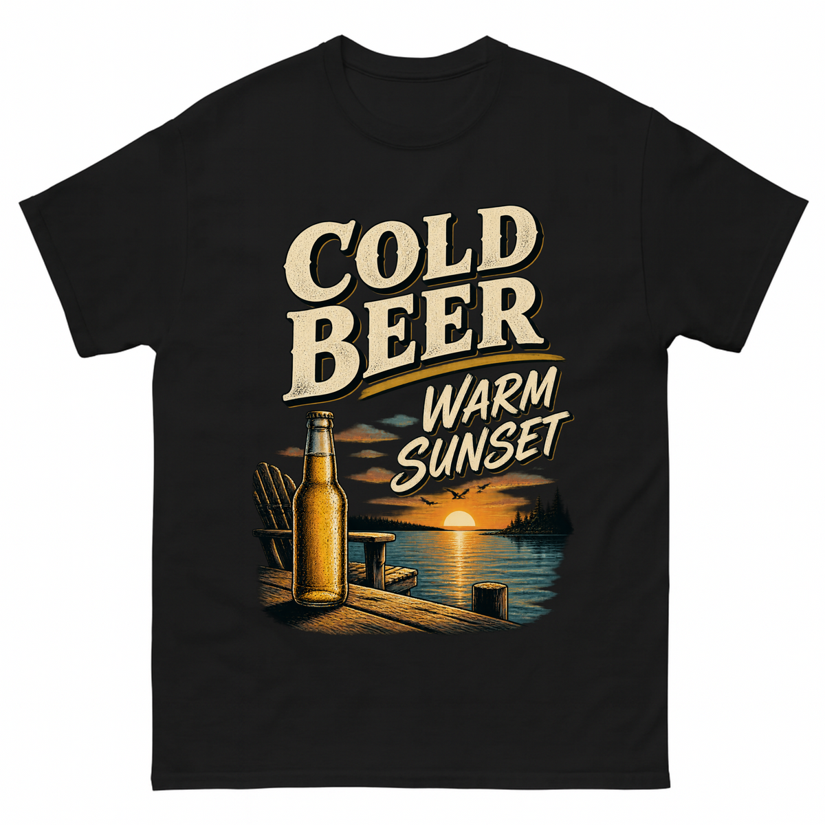 Black vintage t-shirt with Cold Beer. Warm Sunset printed front design