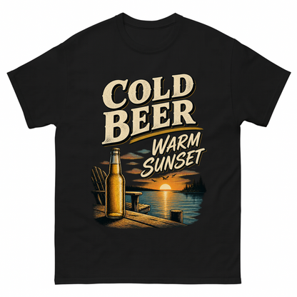 Black vintage t-shirt with Cold Beer. Warm Sunset printed front design