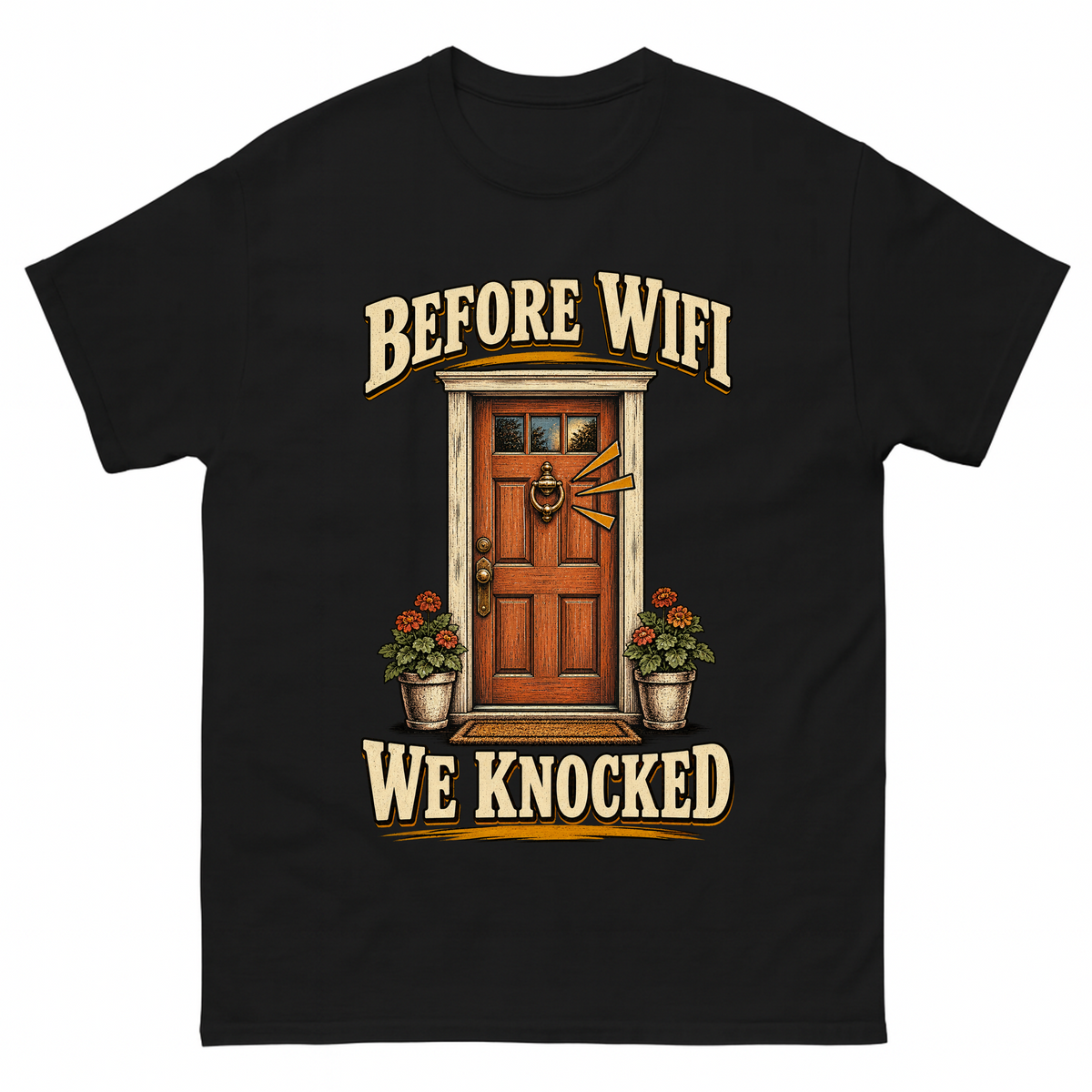 Black vintage t-shirt with Before Wife We Knocked printed front design