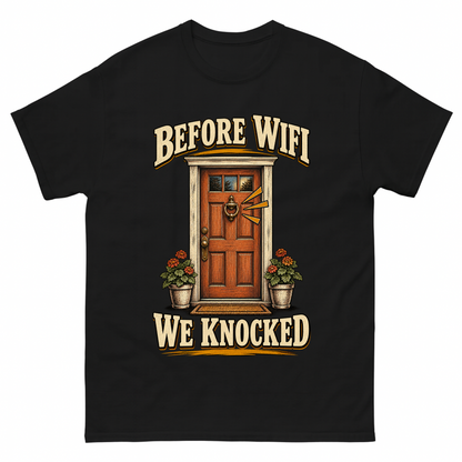 Black vintage t-shirt with Before Wife We Knocked printed front design