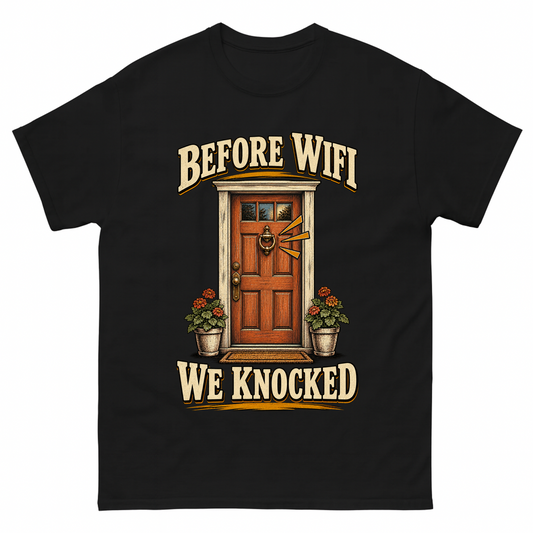 Black vintage t-shirt with Before Wife We Knocked printed front design
