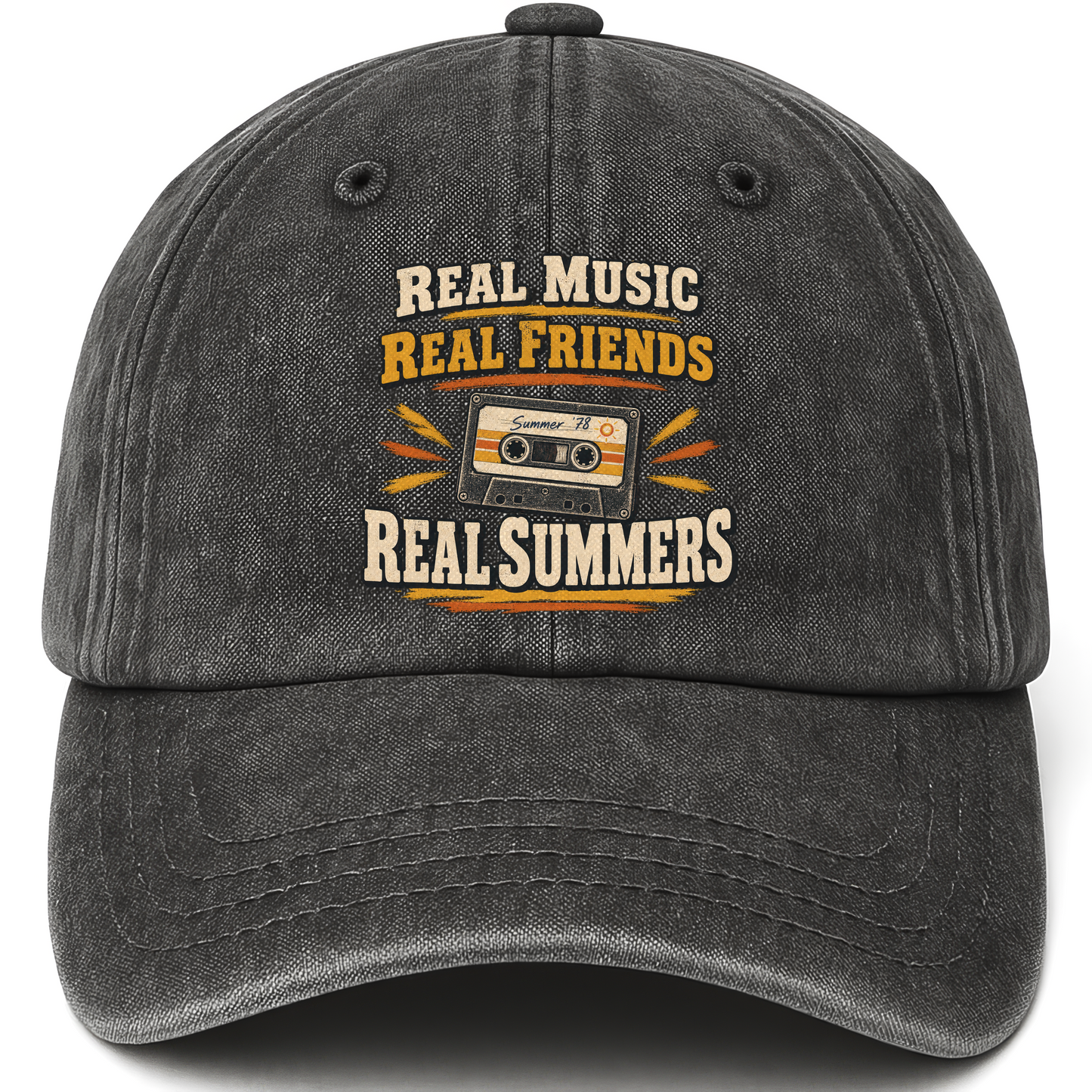 Black vintage washed cap with Real Music Real Friends Real Summers printed front design
