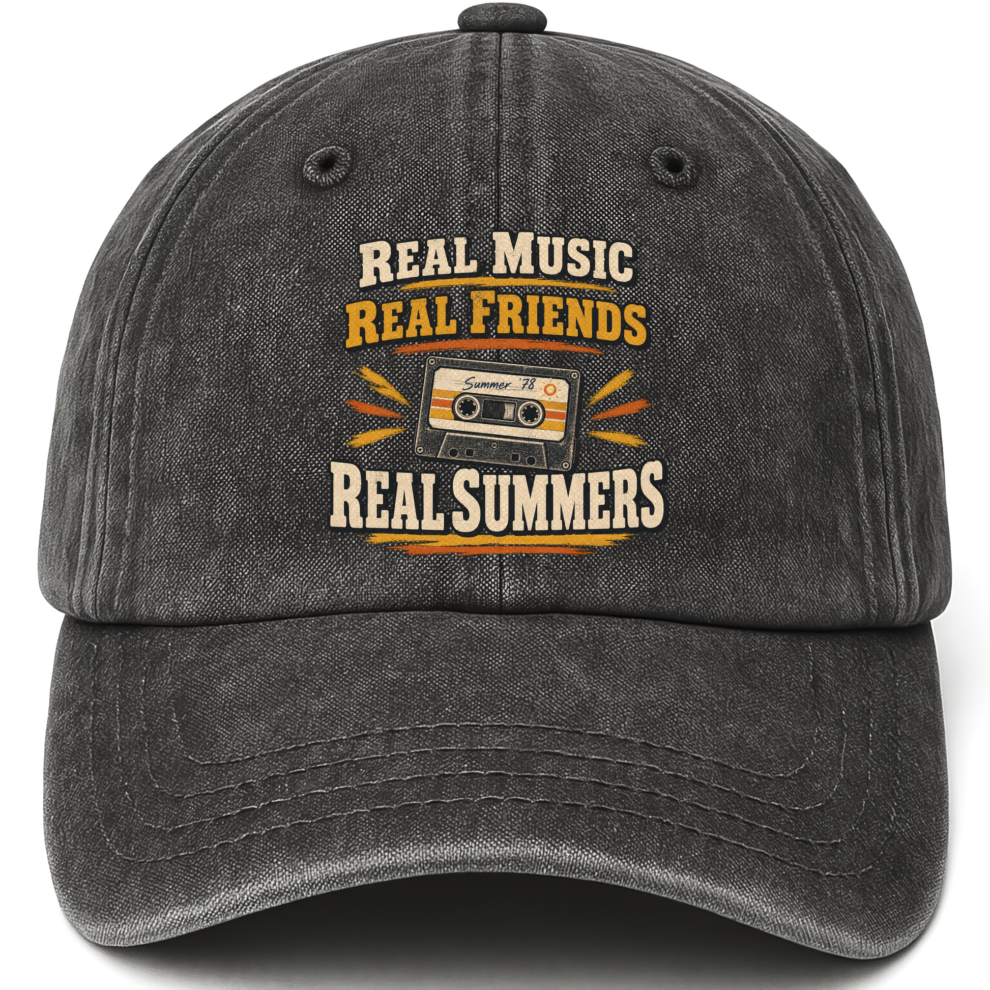 Black vintage washed cap with Real Music Real Friends Real Summers printed front design