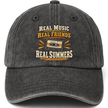Black vintage washed cap with Real Music Real Friends Real Summers printed front design