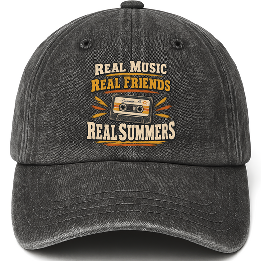 Black vintage washed cap with Real Music Real Friends Real Summers printed front design