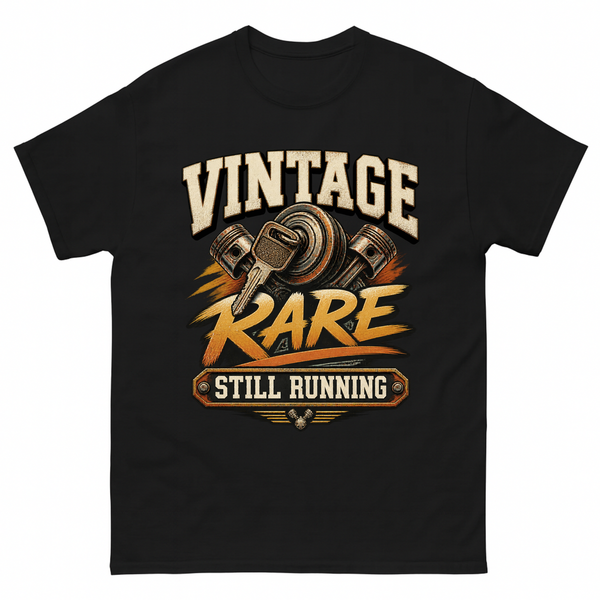 Black vintage t-shirt with Vintage Garage Still Running printed front design