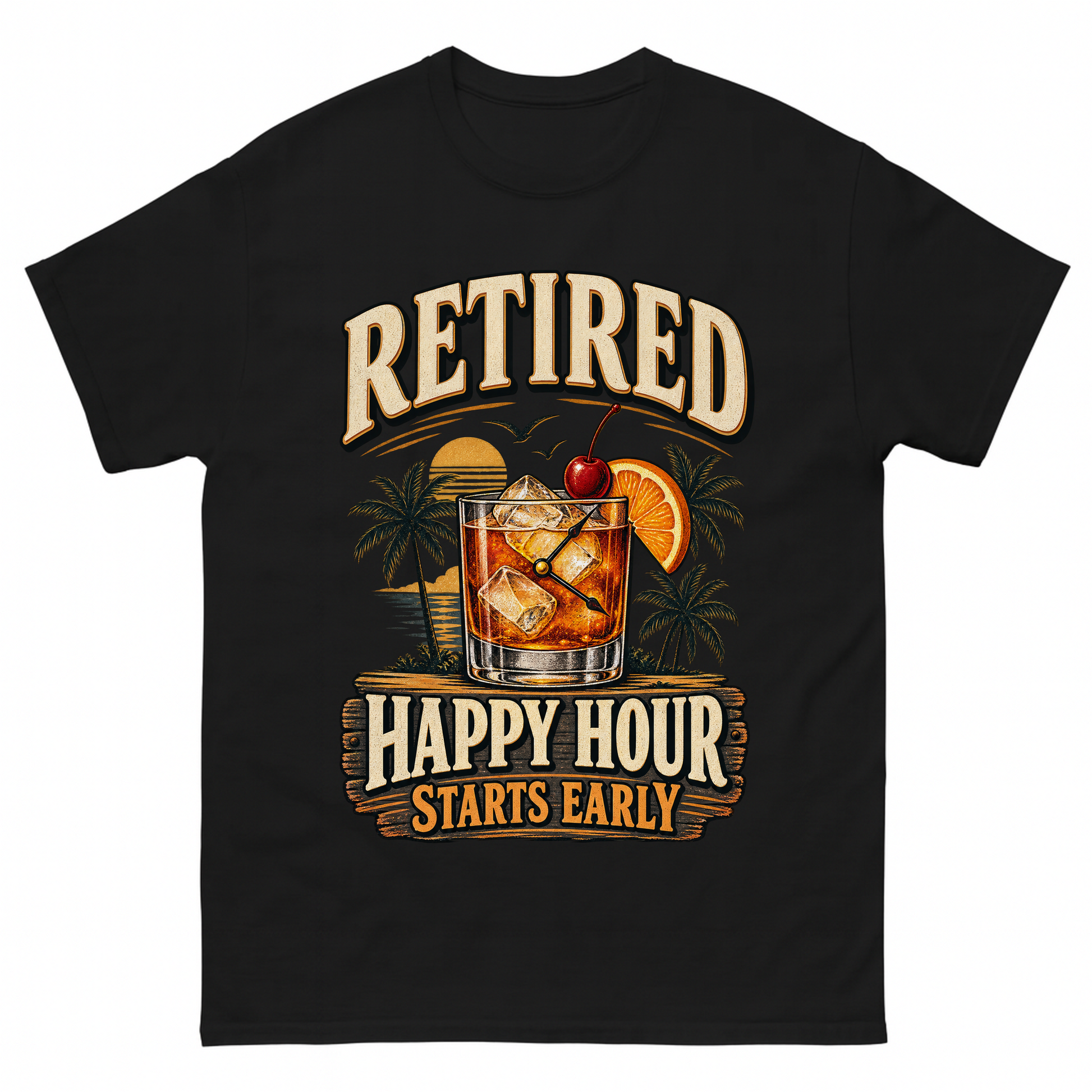 Black vintage t-shirt with Retired Happy Hour Starts Early printed front design