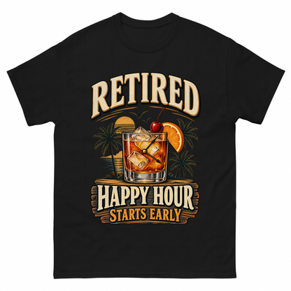 Black vintage t-shirt with Retired Happy Hour Starts Early printed front design
