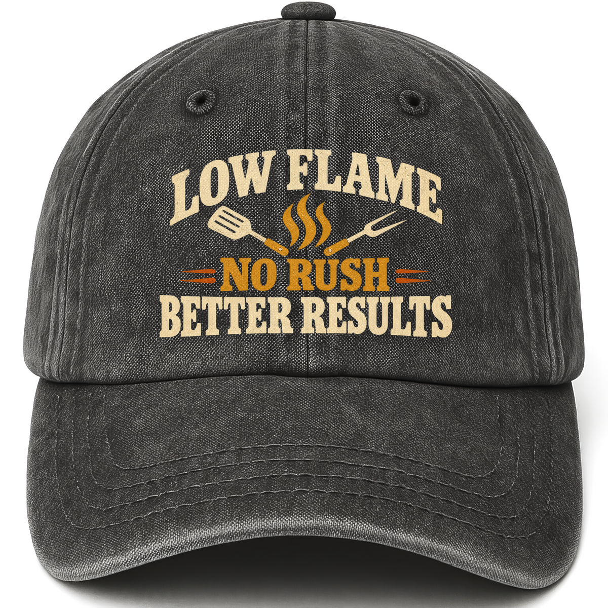 Black vintage washed cap with Low Flame. No Rush Better Results printed front design