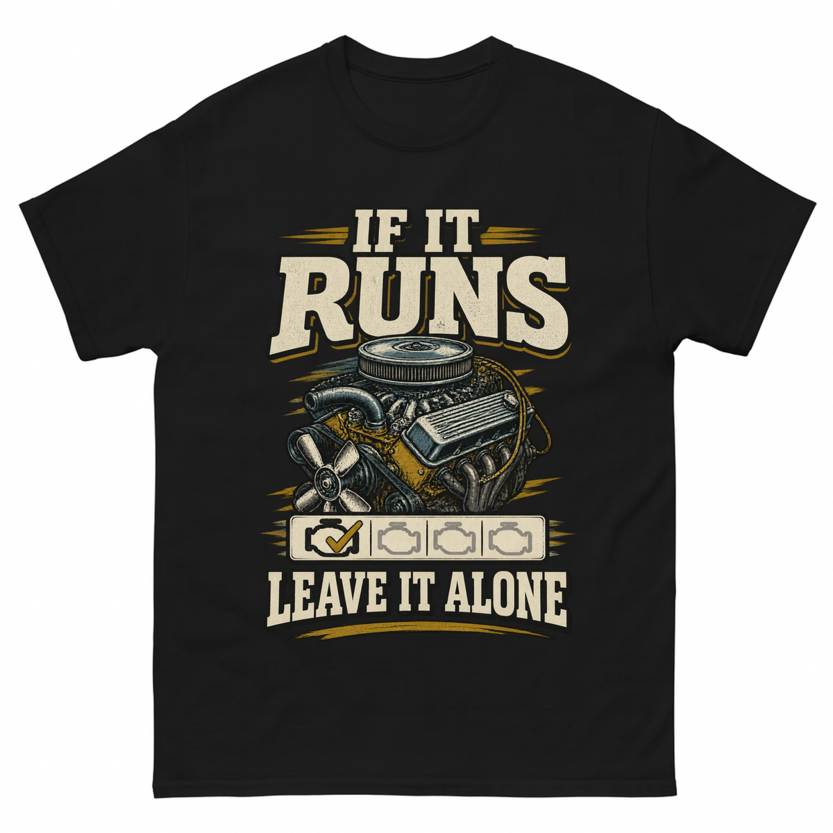 Black vintage t-shirt with If It Runs Leave It Alone printed front design