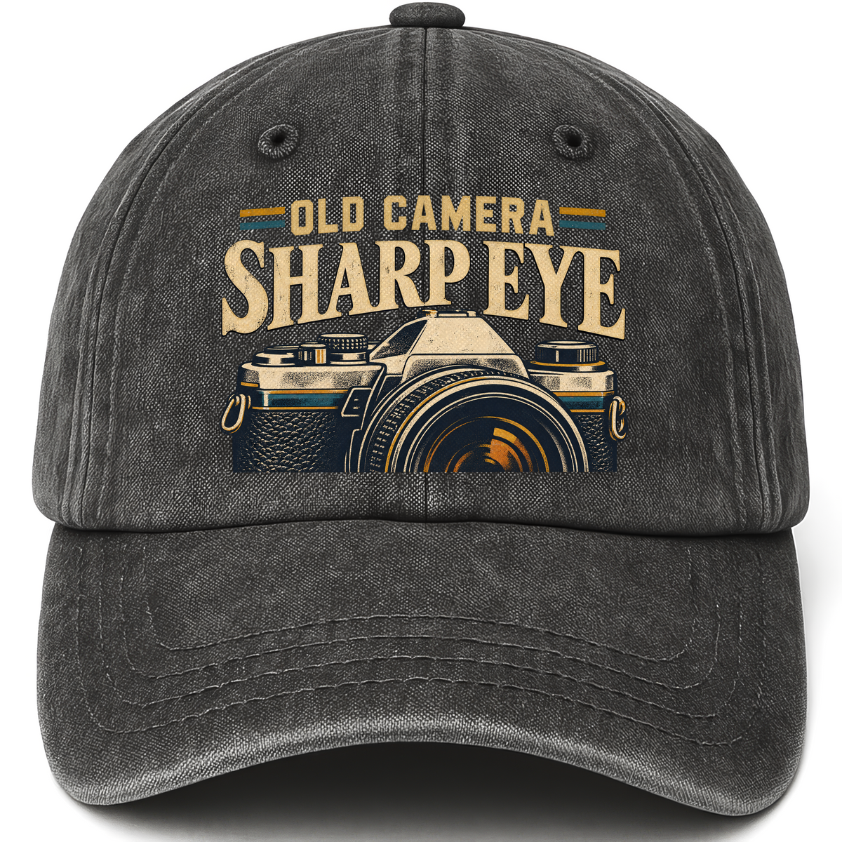 Black vintage washed cap with Old Camera. Sharp Eye printed front design