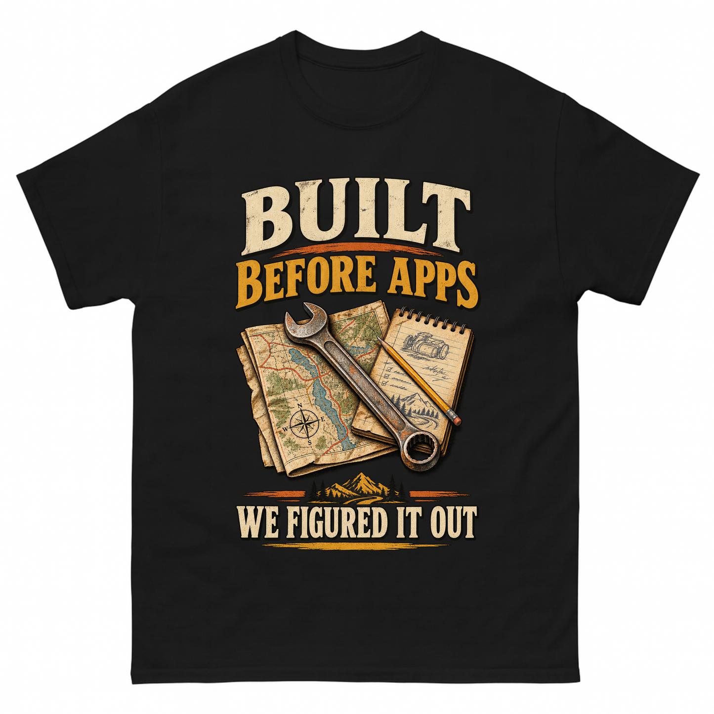 Black vintage t-shirt with Built Before Apps We Figured It Out printed front design