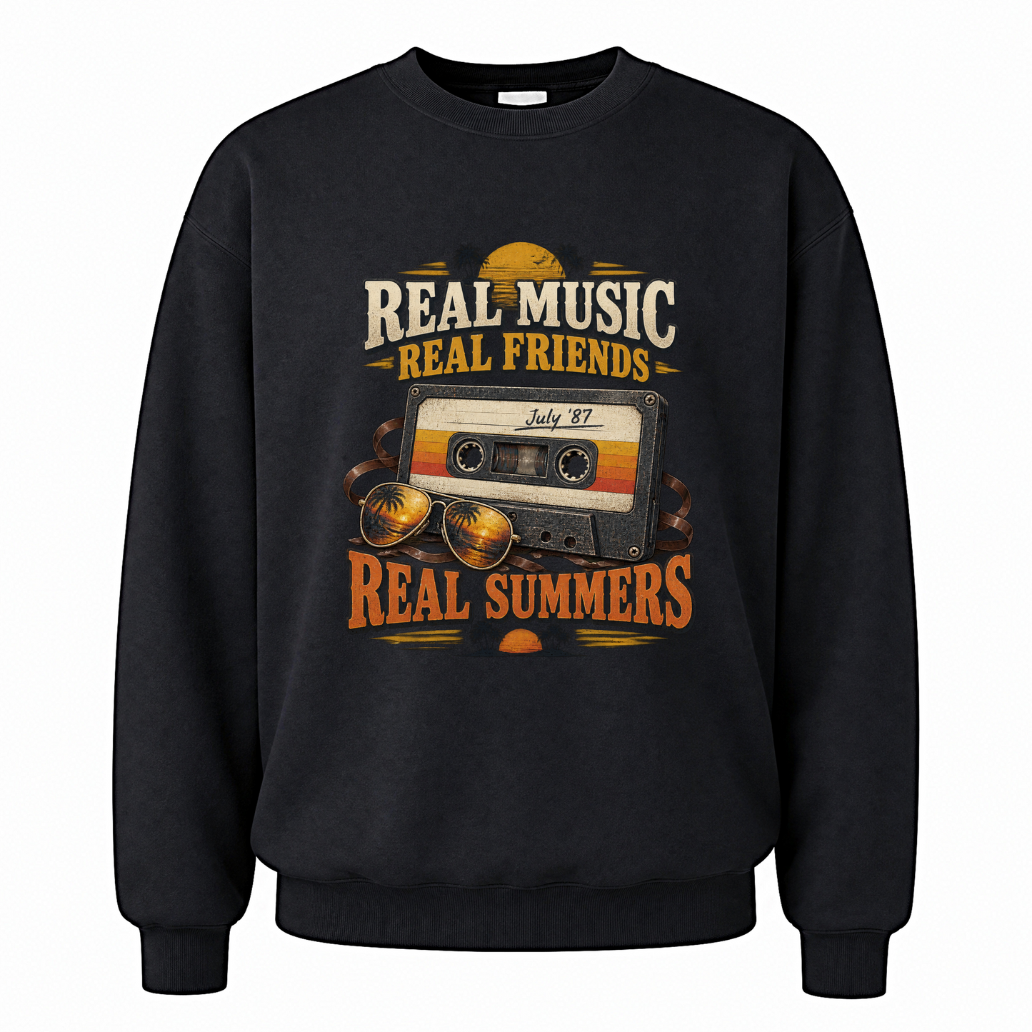 Black vintage sweatshirt with Real Music Real Friends July ’87 Real Summers printed front design
