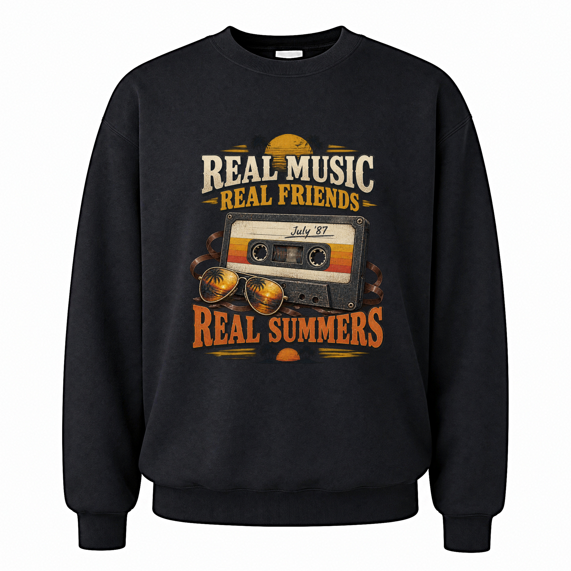 Black vintage sweatshirt with Real Music Real Friends July ’87 Real Summers printed front design
