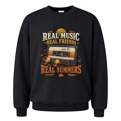 Black vintage sweatshirt with Real Music Real Friends July ’87 Real Summers printed front design