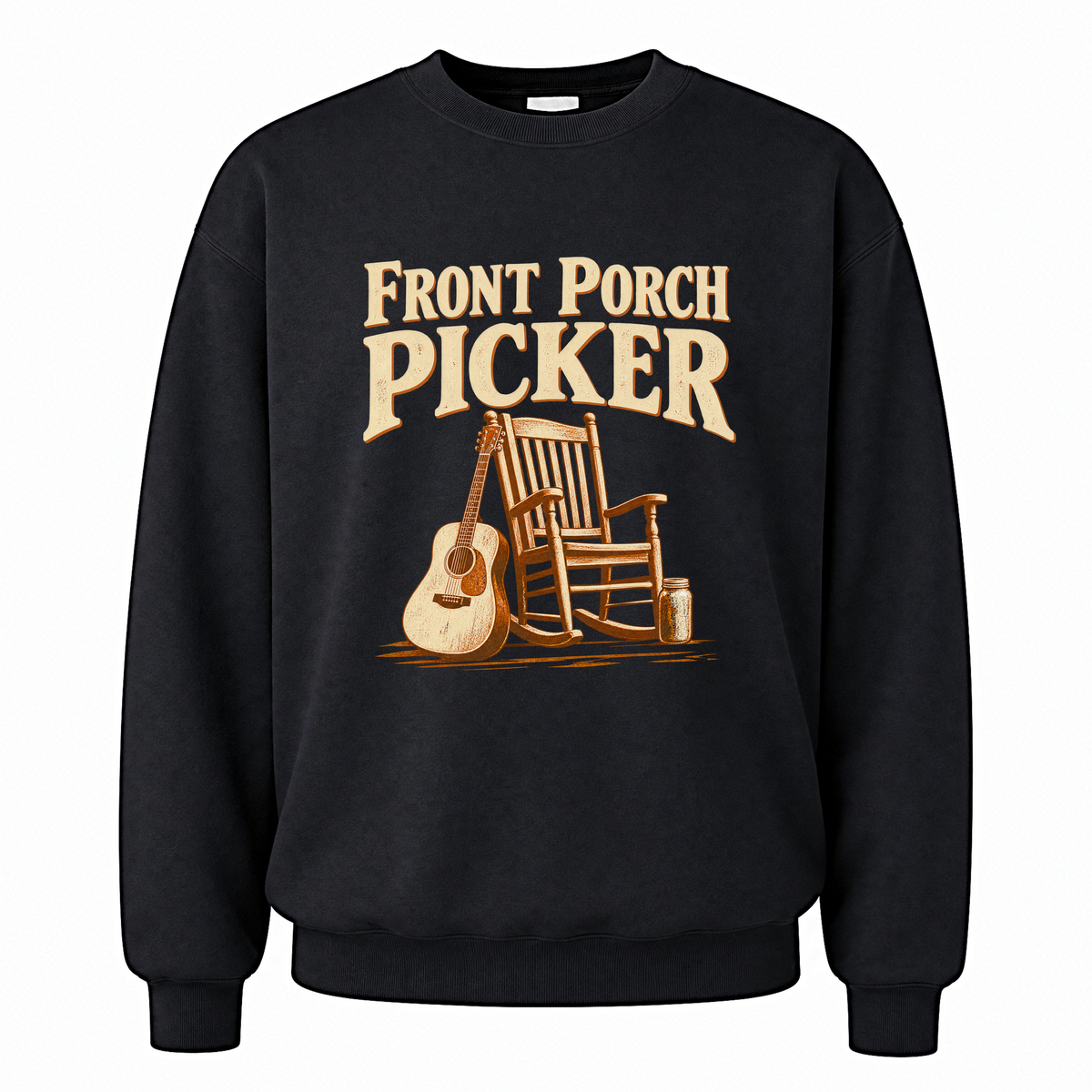 Black vintage sweatshirt with Front Porch Picker printed front design