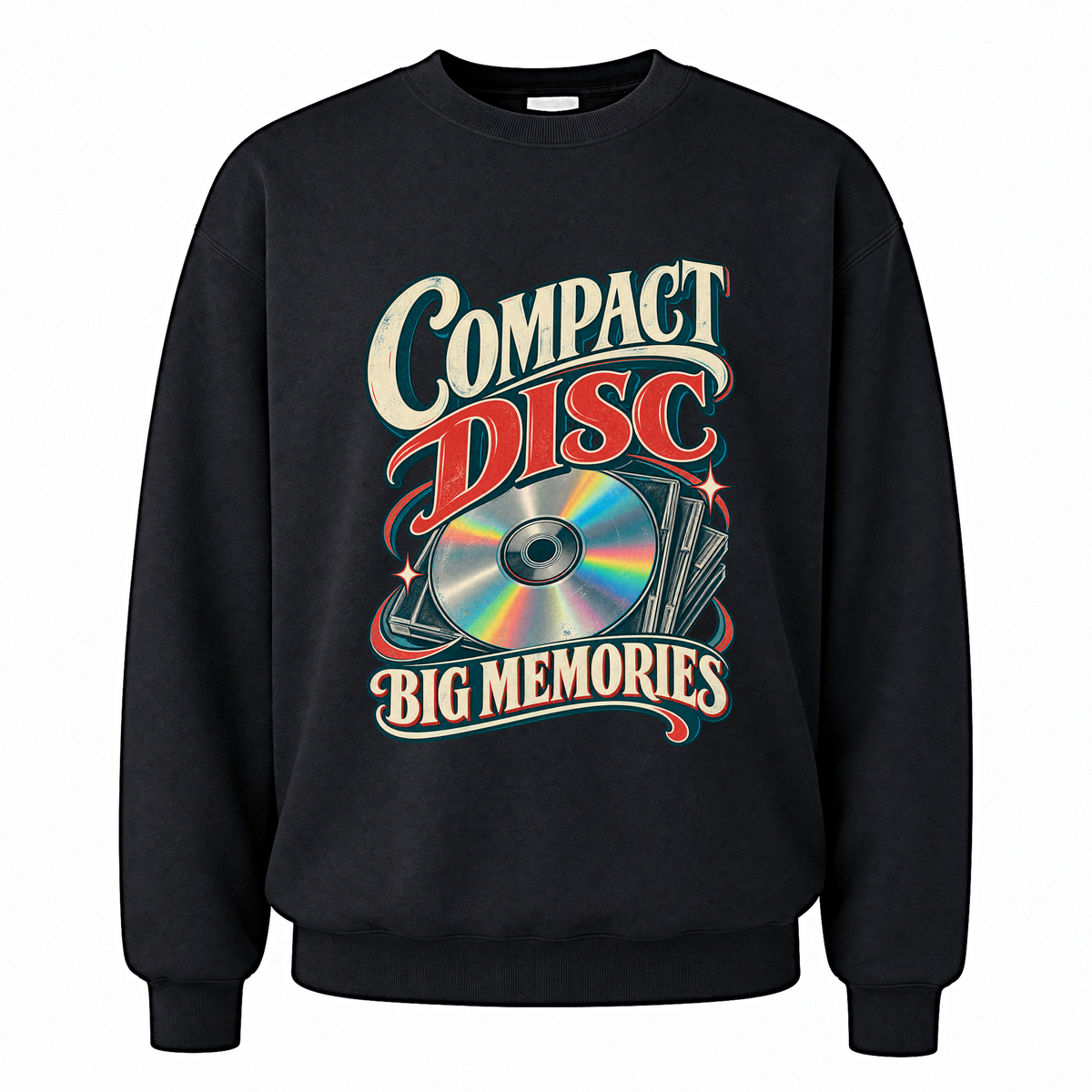 Black vintage sweatshirt with Compact Disc Big Memories printed front design