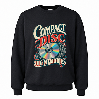 Black vintage sweatshirt with Compact Disc Big Memories printed front design