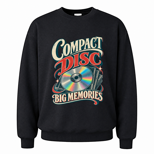 Black vintage sweatshirt with Compact Disc Big Memories printed front design