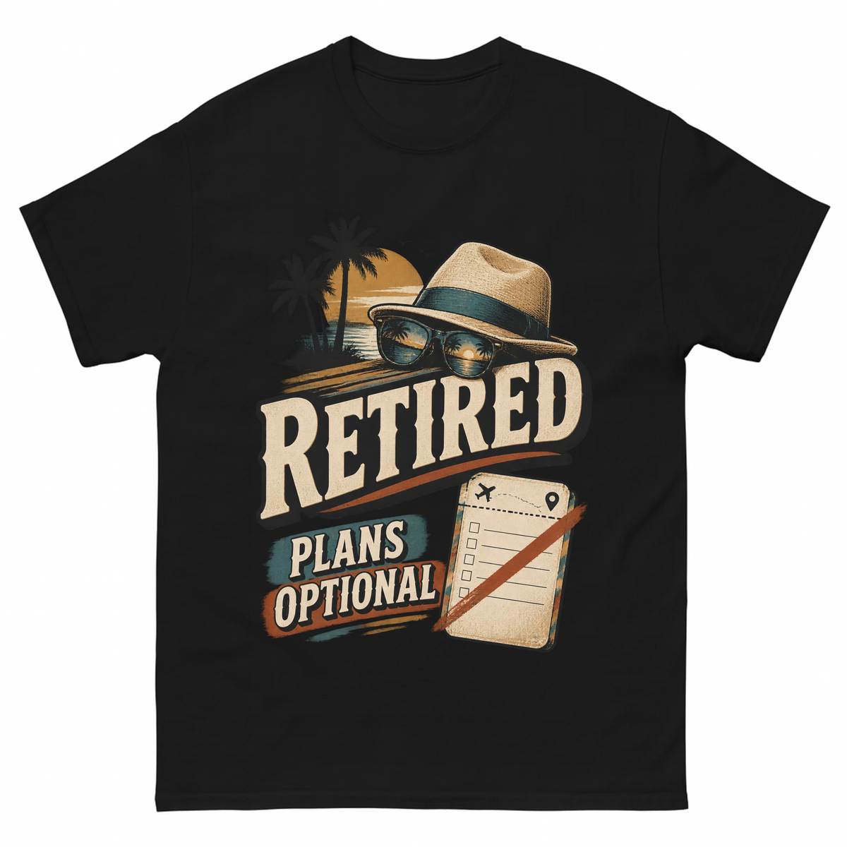 Black vintage t-shirt with Retired Plans Optional printed front design