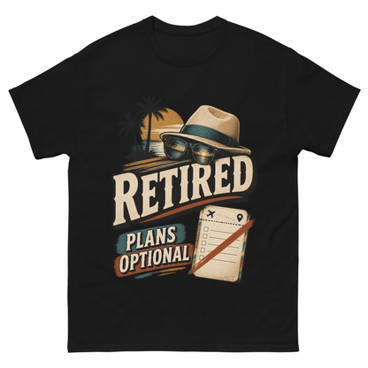 Black vintage t-shirt with Retired Plans Optional printed front design