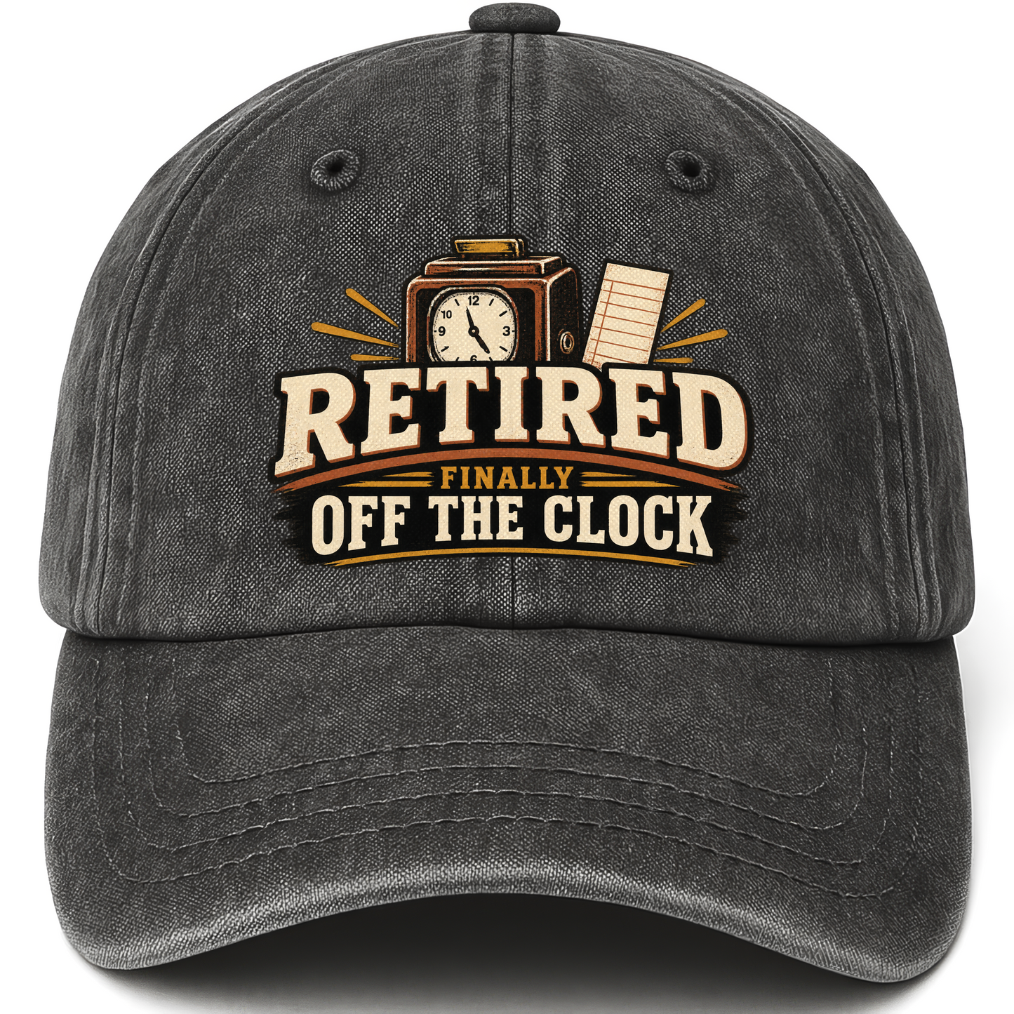 Black vintage washed cap with Retired Finally Off The Clock printed front design