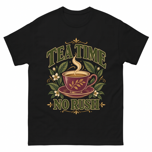 Black vintage t-shirt with Tea Time. No Rush printed front design
