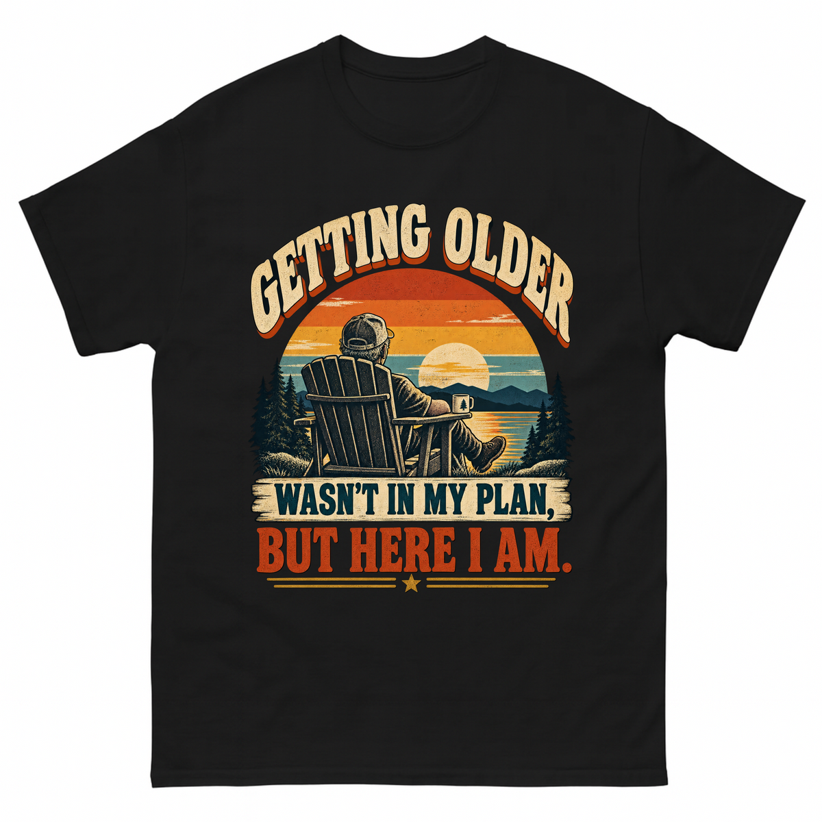Black T-shirt with Getting Older sunset retirement design printed on front