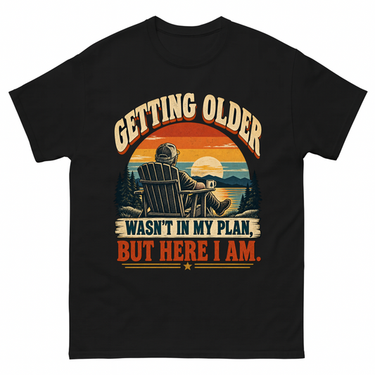 Black T-shirt with Getting Older sunset retirement design printed on front