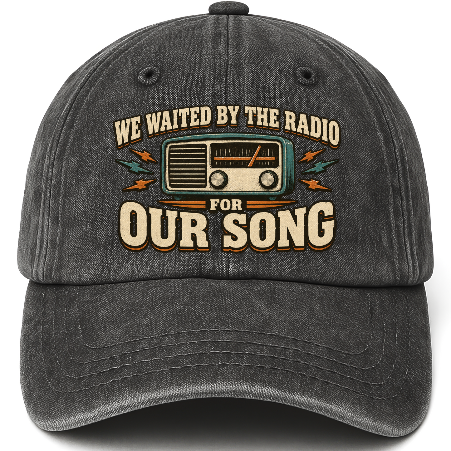 Black vintage washed cap with We Waited By The Radio For Our Song printed front design