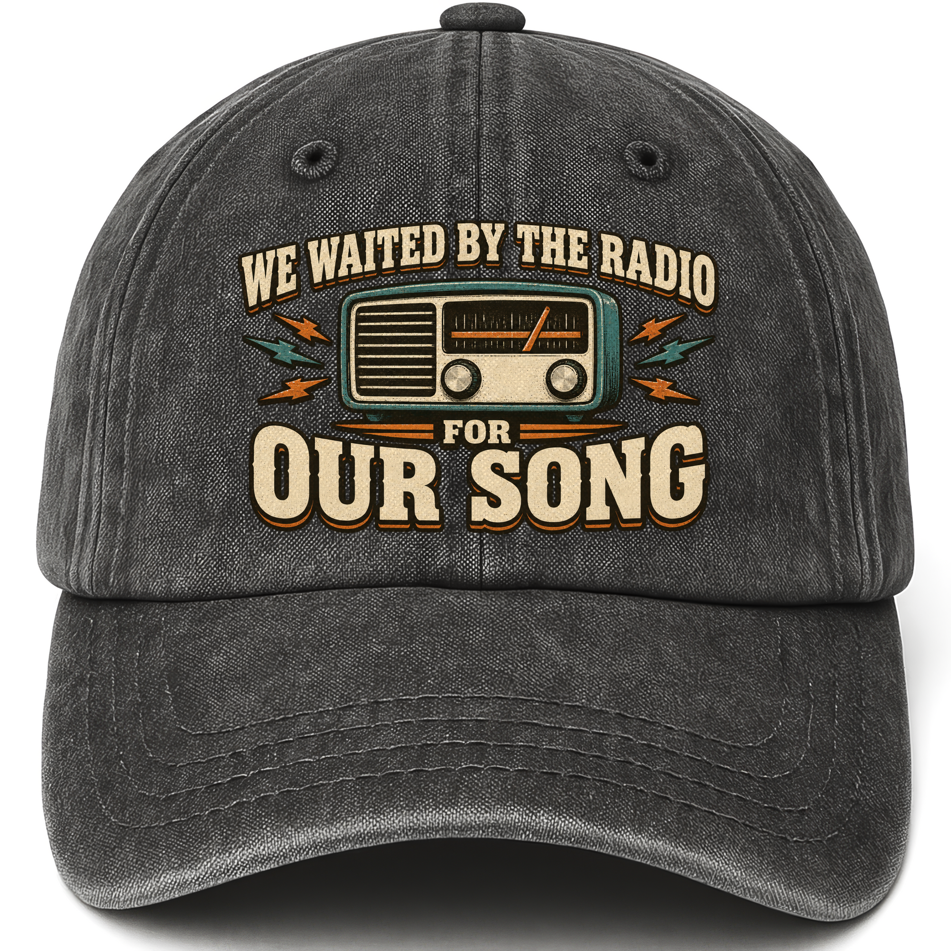 Black vintage washed cap with We Waited By The Radio For Our Song printed front design