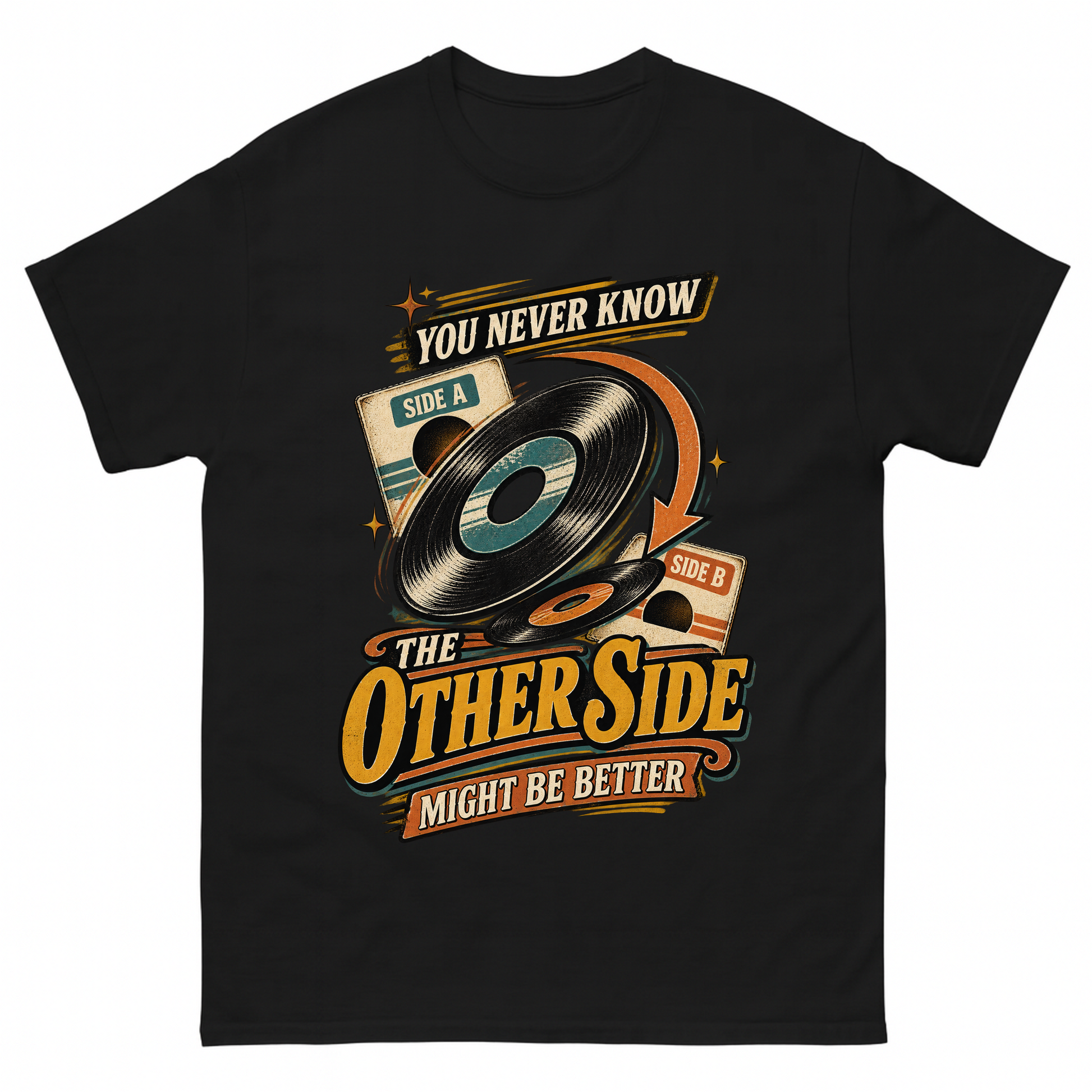 Black vintage t-shirt with you never know the other side vertical ideogram 4x printed front design