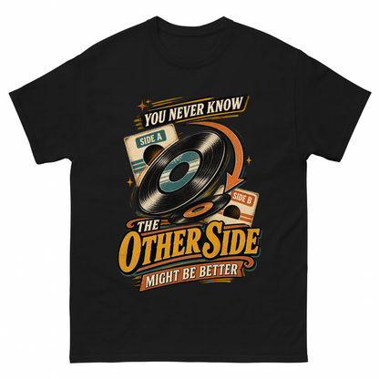 Black vintage t-shirt with you never know the other side vertical ideogram 4x printed front design