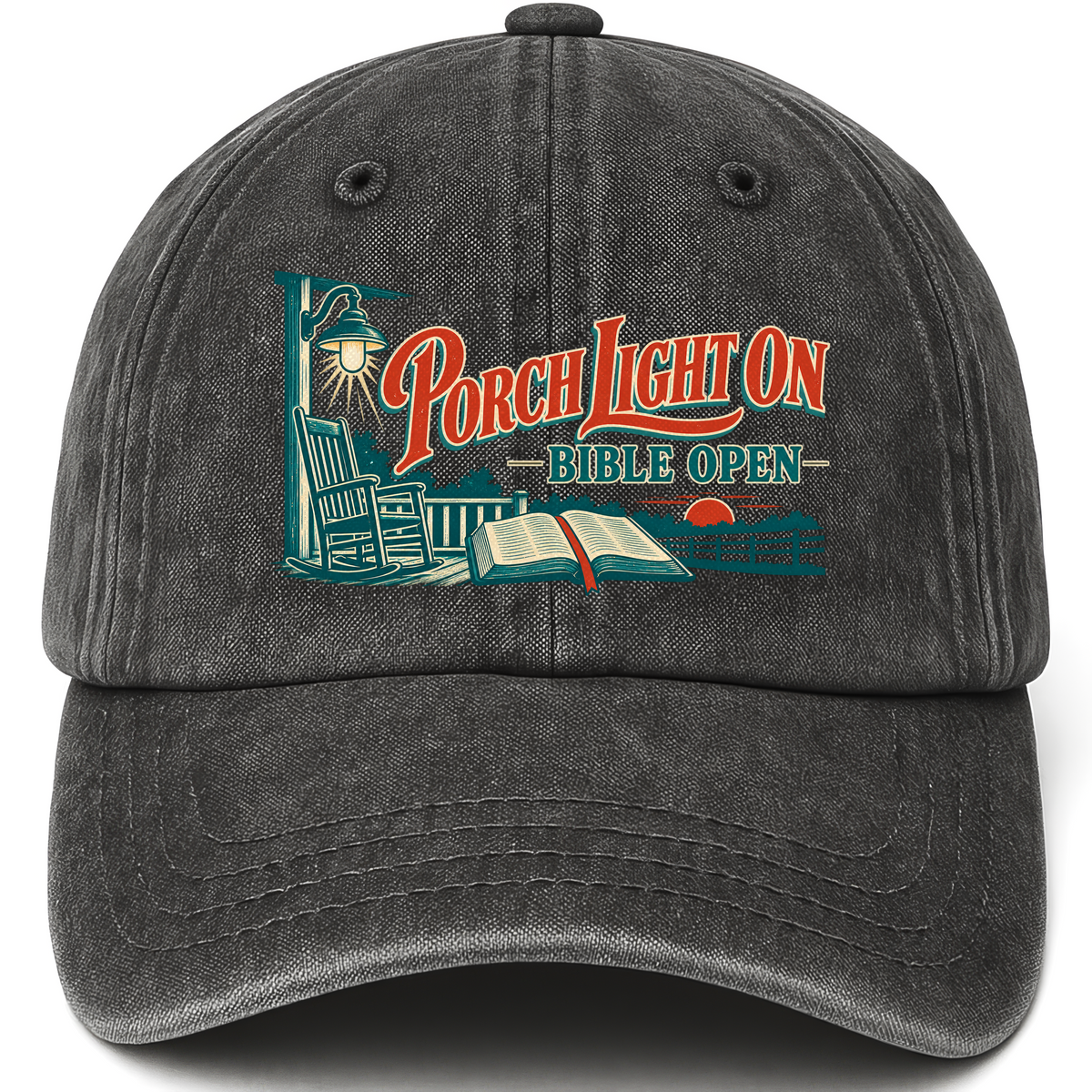 Black vintage washed cap with Porch Light On Bible Open printed front design