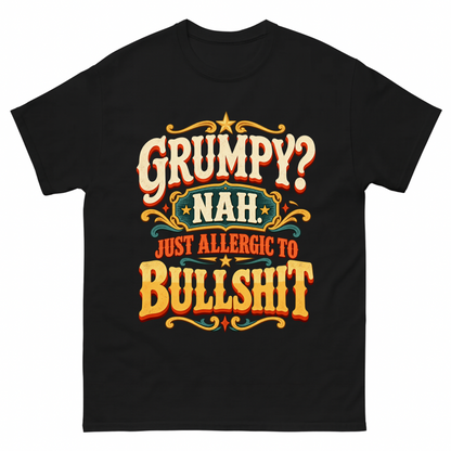 Black vintage t-shirt with Grumpy? Nah. Just Allergic To Bullshit printed front design
