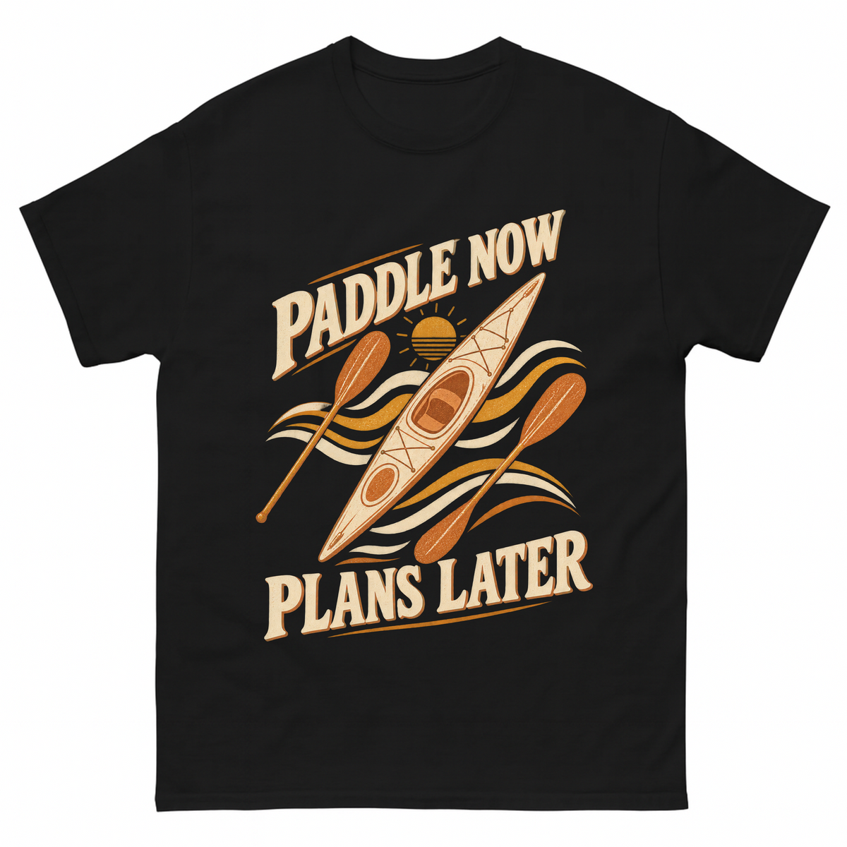 Black vintage t-shirt with Paddle Now. Plans Later printed front design