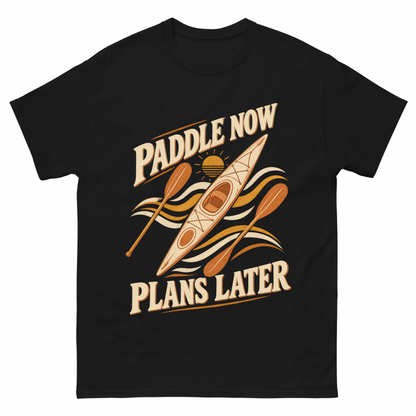 Black vintage t-shirt with Paddle Now. Plans Later printed front design