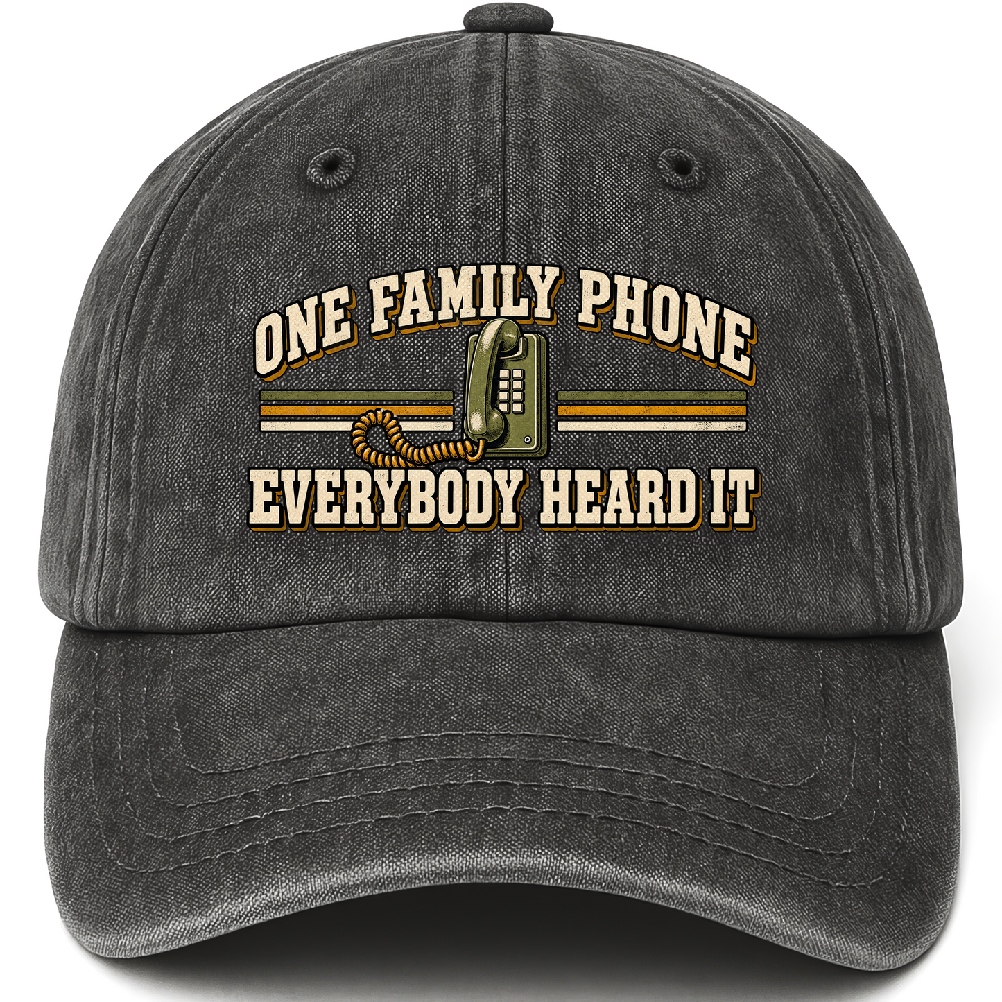 Black vintage washed cap with One Family Phone. Everybody Heard It printed front design