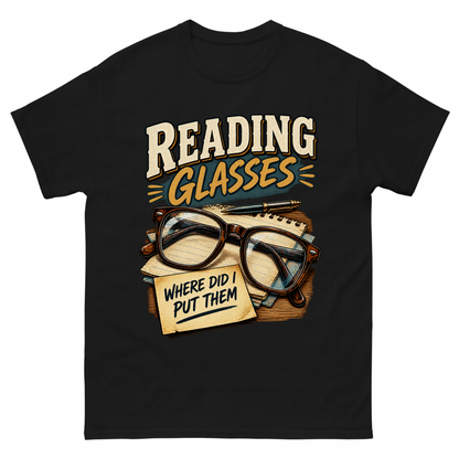 Black vintage t-shirt with Reading Glasses Where Did I Put Them printed front design