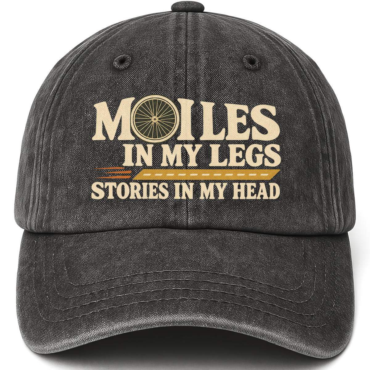 Black vintage washed cap with Miles In My Legs. Stories In My Head printed front design