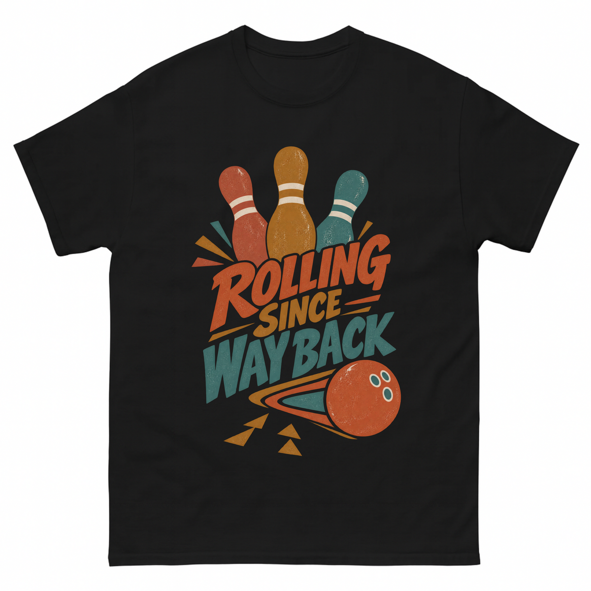 Black vintage t-shirt with Bowling Since Way Back printed front design
