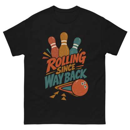 Black vintage t-shirt with Bowling Since Way Back printed front design